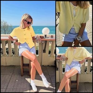 Yellow Button-Up Knit Short Sleeve Ribbed Preppy Academia Crewneck Cardigan M